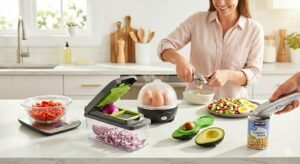 A woman smiles while using a garlic press in a bright kitchen. On the counter, a man's hands use an electric can opener on a can of Kirkland garbanzo beans. Other kitchen gadgets include a vegetable chopper with diced red onions, a steaming electric egg cooker, an avocado slicer with avocado halves, and a digital scale with chopped red bell peppers. A prepared salad is in a white bowl.
