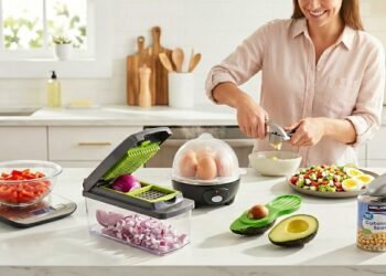 A woman smiles while using a garlic press in a bright kitchen. On the counter, a man's hands use an electric can opener on a can of Kirkland garbanzo beans. Other kitchen gadgets include a vegetable chopper with diced red onions, a steaming electric egg cooker, an avocado slicer with avocado halves, and a digital scale with chopped red bell peppers. A prepared salad is in a white bowl.
