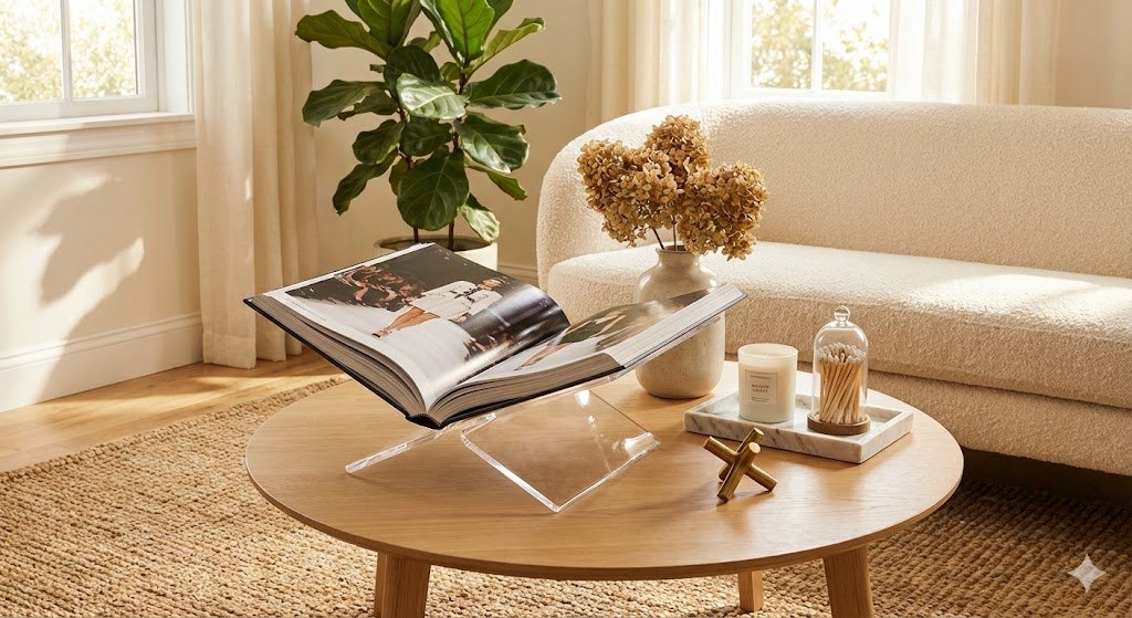 A modern acrylic book stand holding an open fashion book on a round wood coffee table, accompanied by a candle, a cloche of matches, and a potted fiddle leaf fig.