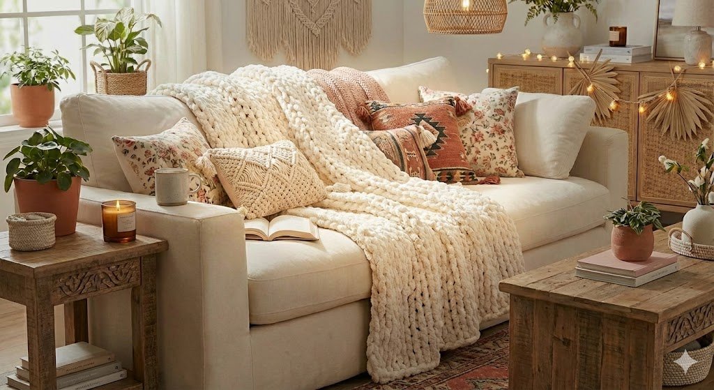 A bohemian living room with a cream sofa, a large chunky knit blanket, an assortment of patterned pillows, and numerous potted plants.