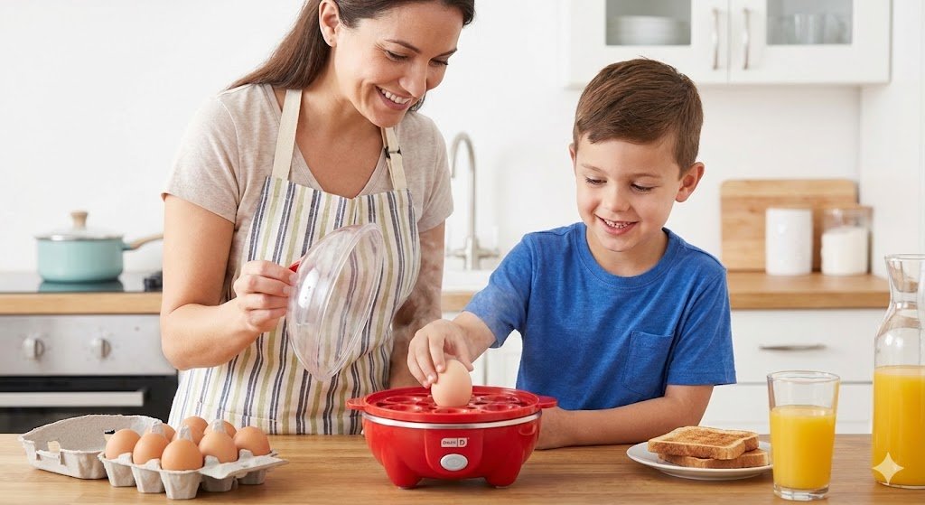 Red Dash Rapid Egg Cooker appliance on a countertop filled with 6 perfectly cooked hard-boiled eggs.