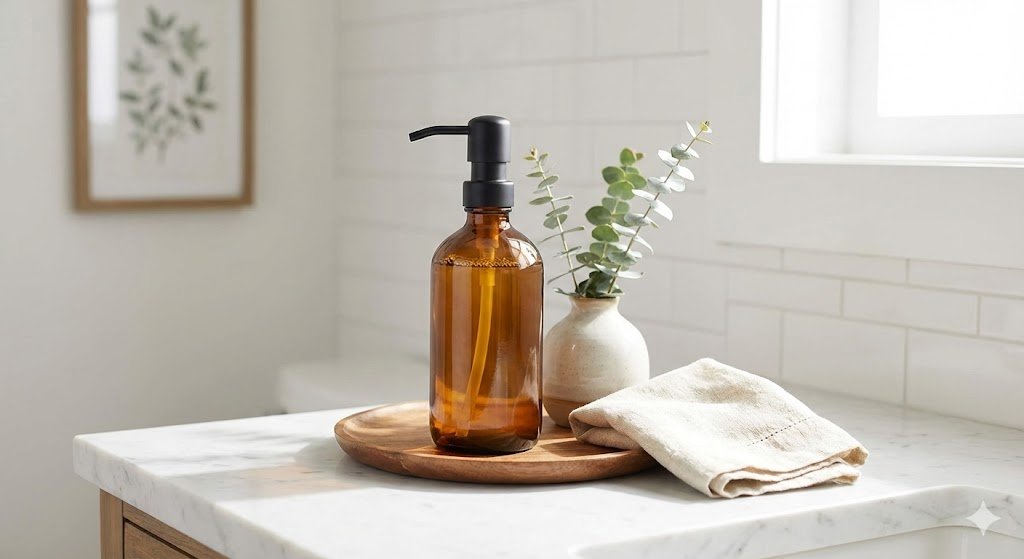 An amber glass soap dispenser with a matte black pump on a wooden tray in a bright bathroom, next to a small vase of eucalyptus.
