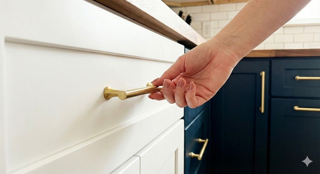 A close-up shot of a hand opening a white kitchen drawer featuring a new gold cabinet pull, set against a backdrop of dark blue cabinetry, a white subway tile backsplash, and a butcher block countertop.