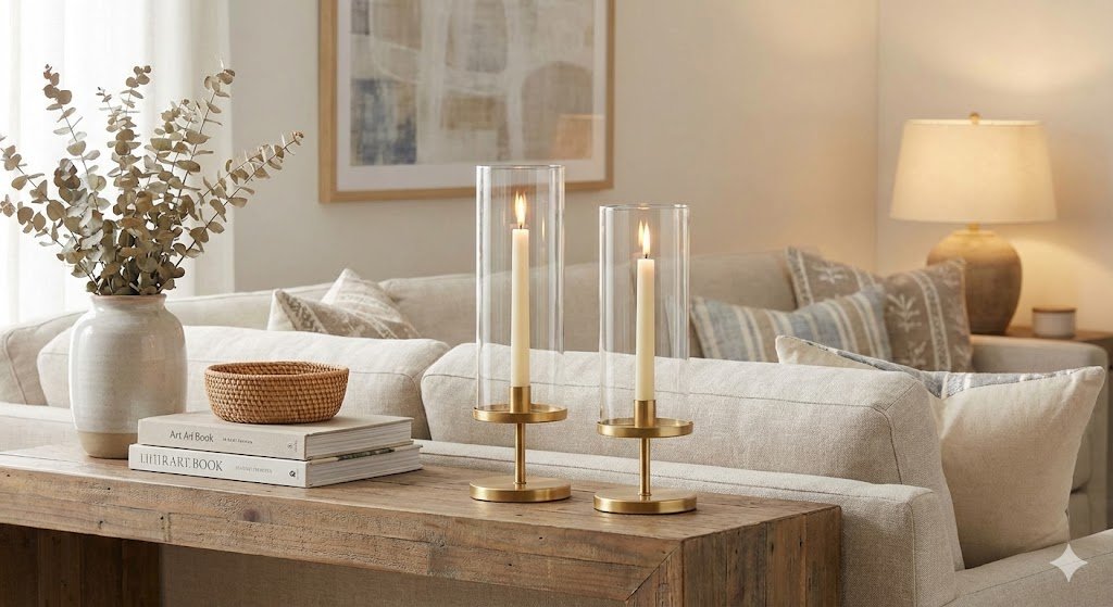 Two glass hurricane candle holders with brass bases and lit taper candles, placed on a wooden console table in a bright and inviting living room.