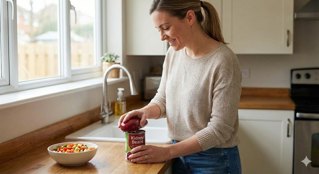 Kitchen Mama electric can opener automatically opening a tin can hands-free on a kitchen counter. No sharp edges safety design.