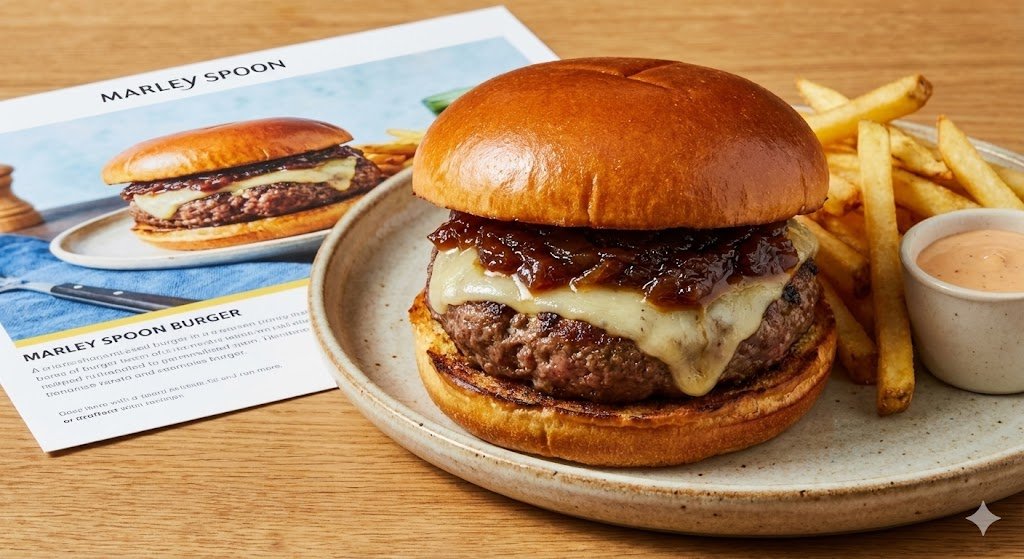 A close-up of a prepared Marley Spoon burger served on a speckled ceramic plate alongside golden french fries and a small ramekin of dipping sauce. The burger features a glossy brioche bun, a beef patty topped with melted white cheese, and a layer of dark caramelized onion jam. A recipe card titled 'Marley Spoon Burger' is visible in the background, displaying the finished dish.