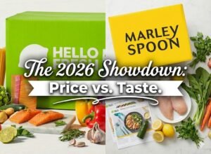 HelloFresh vs Marley Spoon boxes on a kitchen counter.