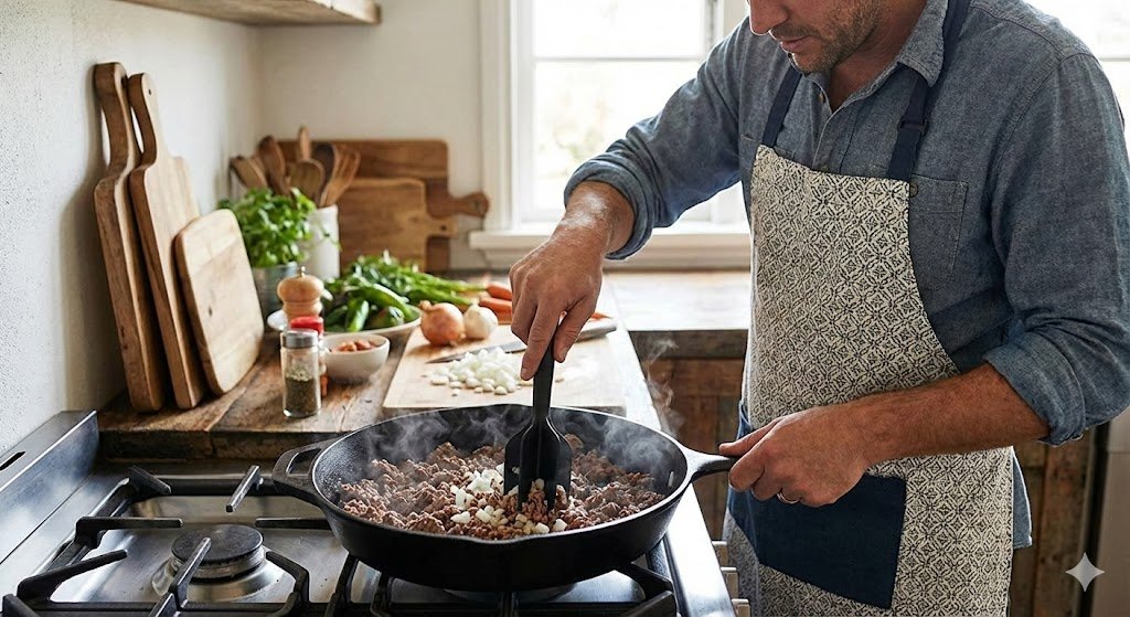 Black Farberware meat masher tool breaking up ground beef in a cast iron skillet for even cooking.