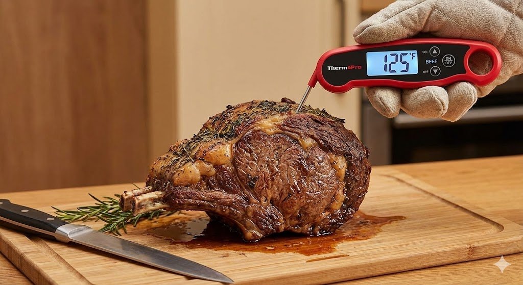 Digital instant-read meat thermometer displaying temperature on a cooked chicken breast. Essential kitchen tool for food safety.