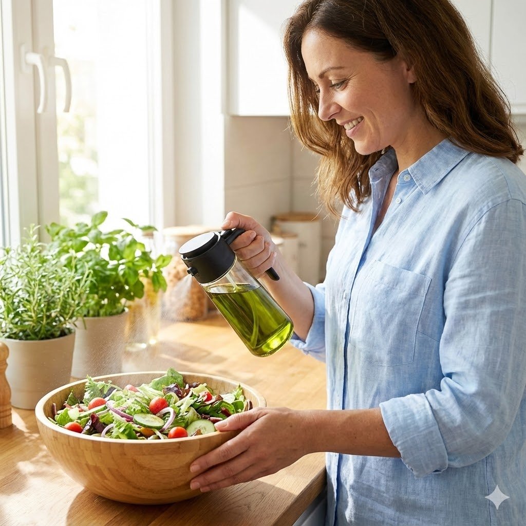Glass olive oil sprayer mister bottle next to an air fryer. A refillable oil dispenser for healthy low-fat cooking.