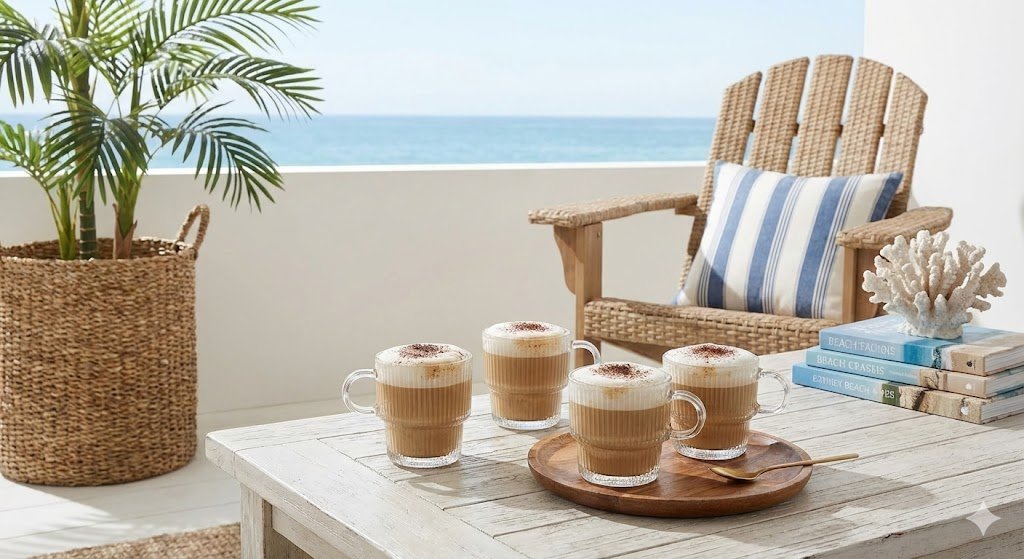 Four ribbed glass cappuccino cups on a wooden tray, set on a white balcony table overlooking the ocean, with a coastal decor theme.