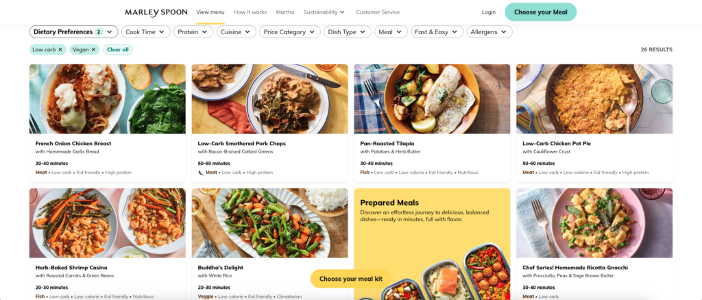 Marley Spoon menu showing dietary filter options.