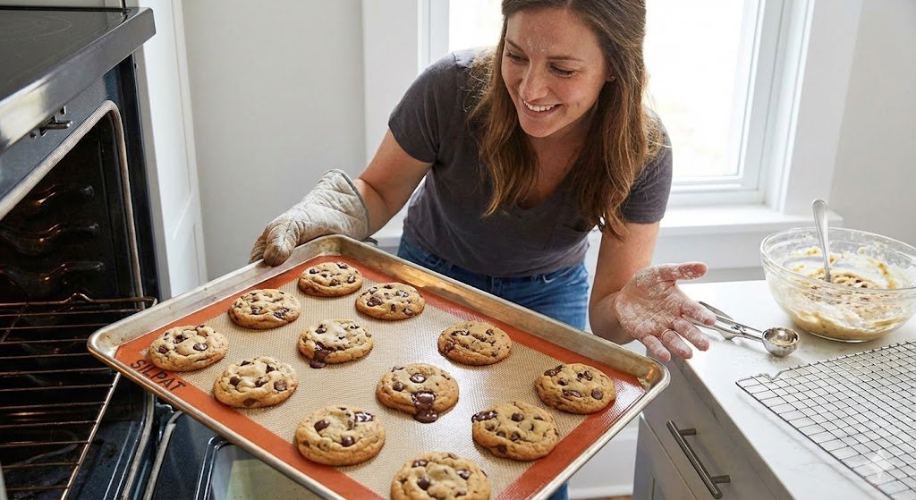 Reusable silicone baking mat on a sheet pan with non-stick freshly baked cookies. An eco-friendly alternative to parchment paper.