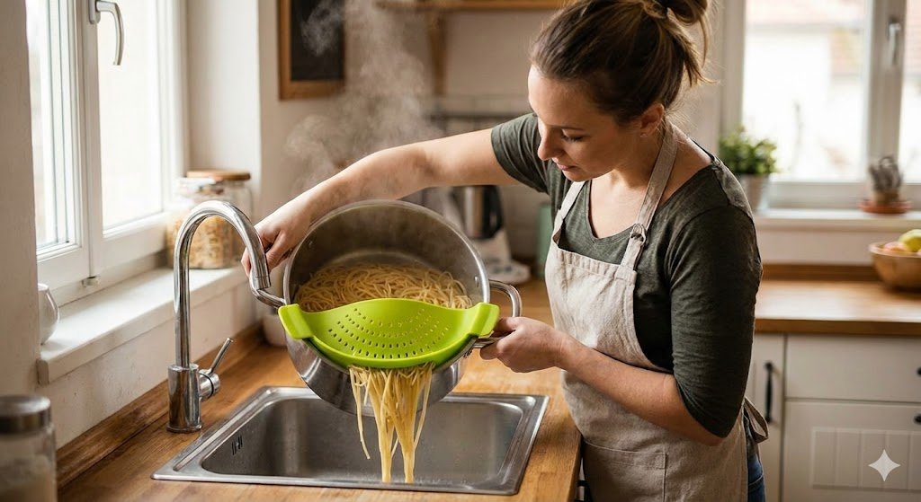 Green Kitchen Gizmo Snap N' Strain silicone colander clipped onto a pot of spaghetti, straining water directly from the pan.