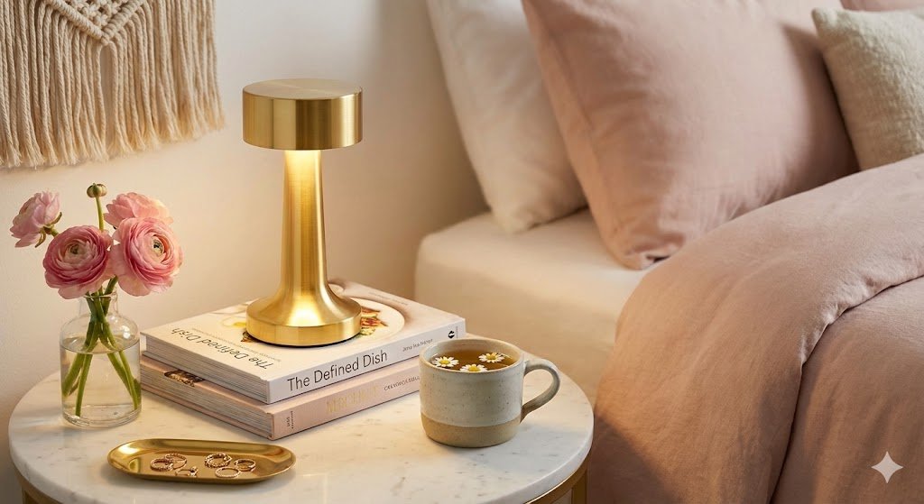 A gold cordless table lamp illuminating a marble bedside table with a vase of pink ranunculus, a book, and a cup of tea in a cozy bedroom. Redirects to lamp on Amazon.