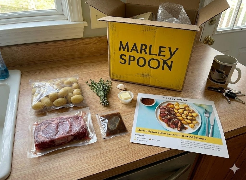 Fresh Marley Spoon ingredients organized on counter - Click to view full menu