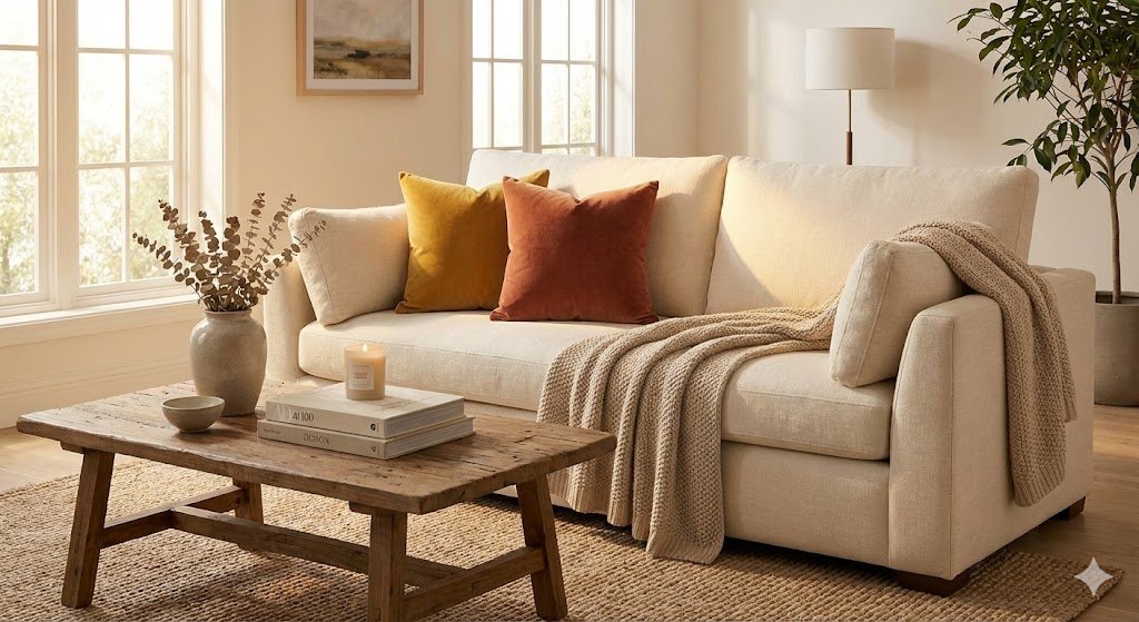 A minimalist living room featuring a cream sofa with rust and mustard velvet pillows and a beige knit throw on a rustic wood coffee table.